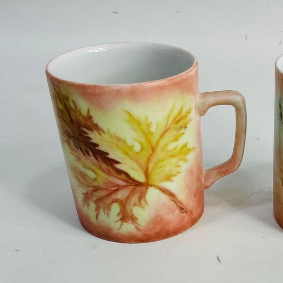 Set Of 2 Handpainted Watercolor Autumn Leaf & Poinsettia Coffee Mugs. Signed - Picture 4 of 7